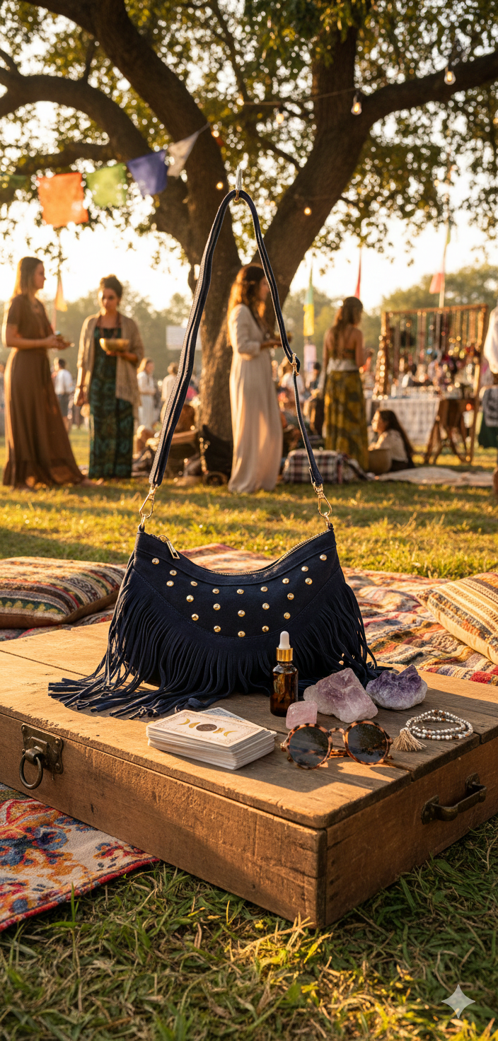 Tas met franje en studs blue