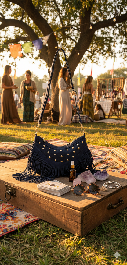 Tas met franje en studs blue