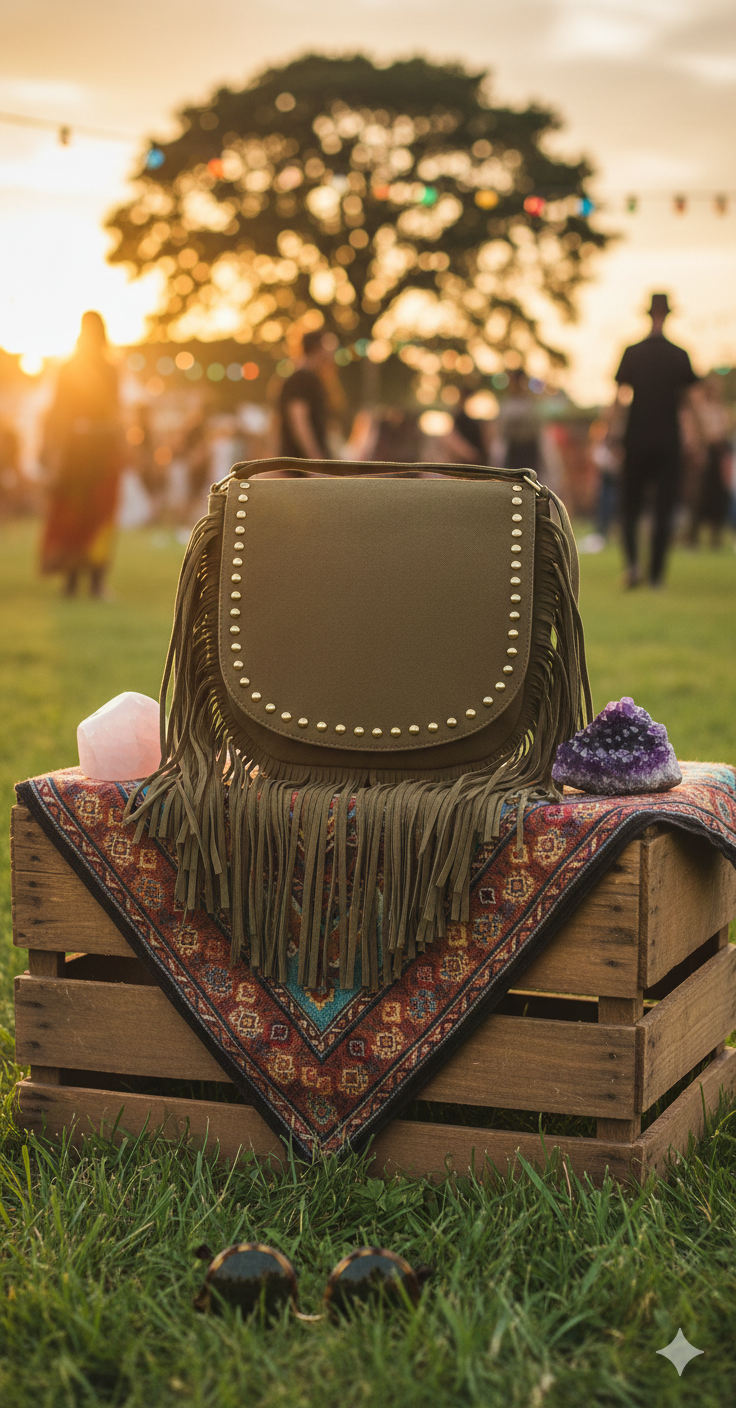 Tas met franje en studs green