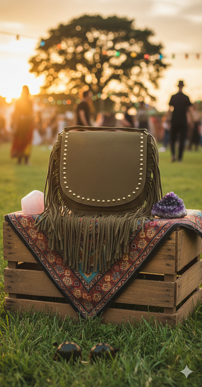 Tas met franje en studs green